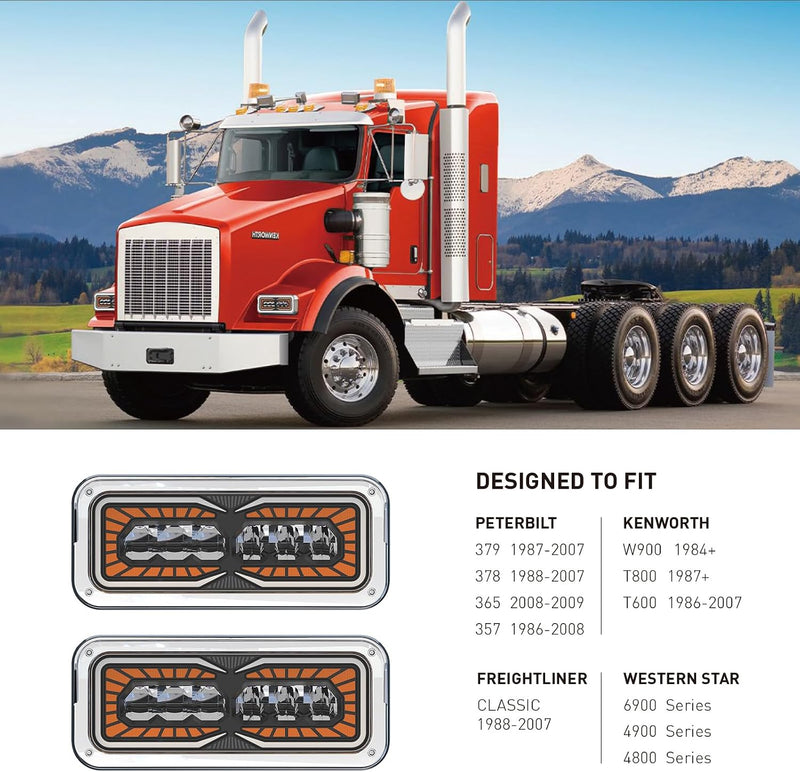 Load image into Gallery viewer, HPC1001  LED Headlight Assembly White Halo &amp; Amber Signal, Compatible with PETERBILT 379 378 365 357/KENWORTH W900 T800 T600/Freightliner Classic/Western Star6900 4900 4800，4x6 LED Replacement
