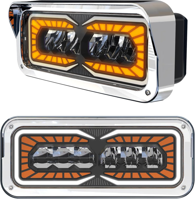 Load image into Gallery viewer, HPC1001  LED Headlight Assembly White Halo &amp; Amber Signal, Compatible with PETERBILT 379 378 365 357/KENWORTH W900 T800 T600/Freightliner Classic/Western Star6900 4900 4800，4x6 LED Replacement

