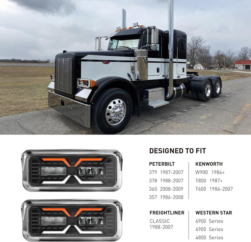 Load image into Gallery viewer, HPC1006 LED Headlight Assembly White Halo &amp; Amber Signal, Compatible with PETERBILT 379 378 365 357/KENWORTH W900 T800 T600/Freightliner Classic/Western Star6900 4900 4800，4x6 LED Replacement
