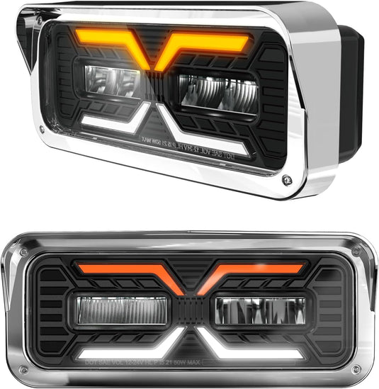 HPC1006 LED Headlight Assembly White Halo & Amber Signal, Compatible with PETERBILT 379 378 365 357/KENWORTH W900 T800 T600/Freightliner Classic/Western Star6900 4900 4800，4x6 LED Replacement