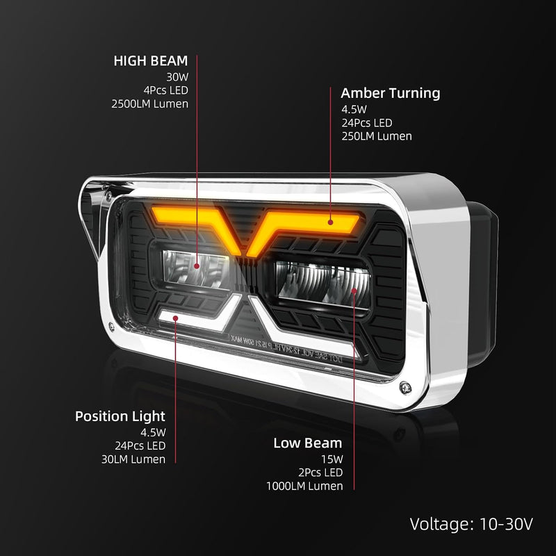 Load image into Gallery viewer, HPC1006 LED Headlight Assembly White Halo &amp; Amber Signal, Compatible with PETERBILT 379 378 365 357/KENWORTH W900 T800 T600/Freightliner Classic/Western Star6900 4900 4800，4x6 LED Replacement
