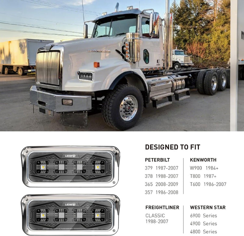 Load image into Gallery viewer, HPC1007 LED Headlight Assembly White Halo &amp; Amber Signal, Compatible with PETERBILT 379 378 365 357/KENWORTH W900 T800 T600/Freightliner Classic/Western Star6900 4900 4800，4x6 LED Replacement
