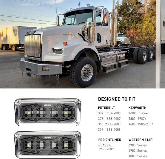 HPC1007 LED Headlight Assembly White Halo & Amber Signal, Compatible with PETERBILT 379 378 365 357/KENWORTH W900 T800 T600/Freightliner Classic/Western Star6900 4900 4800，4x6 LED Replacement