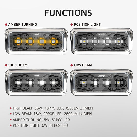 HPC1007 LED Headlight Assembly White Halo & Amber Signal, Compatible with PETERBILT 379 378 365 357/KENWORTH W900 T800 T600/Freightliner Classic/Western Star6900 4900 4800，4x6 LED Replacement