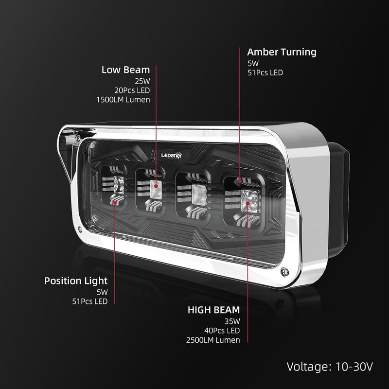 Load image into Gallery viewer, HPC1007 LED Headlight Assembly White Halo &amp; Amber Signal, Compatible with PETERBILT 379 378 365 357/KENWORTH W900 T800 T600/Freightliner Classic/Western Star6900 4900 4800，4x6 LED Replacement
