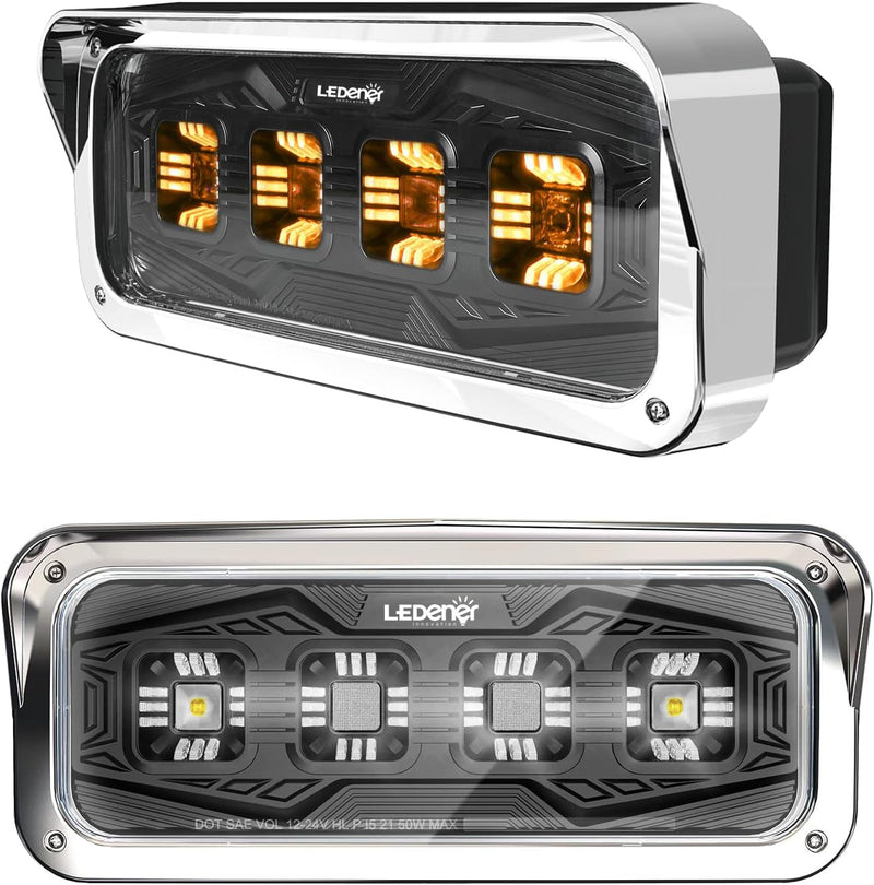 Load image into Gallery viewer, HPC1007 LED Headlight Assembly White Halo &amp; Amber Signal, Compatible with PETERBILT 379 378 365 357/KENWORTH W900 T800 T600/Freightliner Classic/Western Star6900 4900 4800，4x6 LED Replacement
