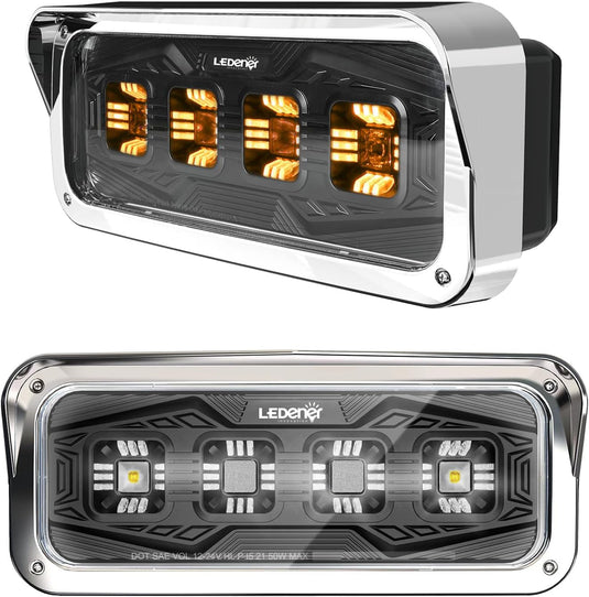 HPC1007 LED Headlight Assembly White Halo & Amber Signal, Compatible with PETERBILT 379 378 365 357/KENWORTH W900 T800 T600/Freightliner Classic/Western Star6900 4900 4800，4x6 LED Replacement