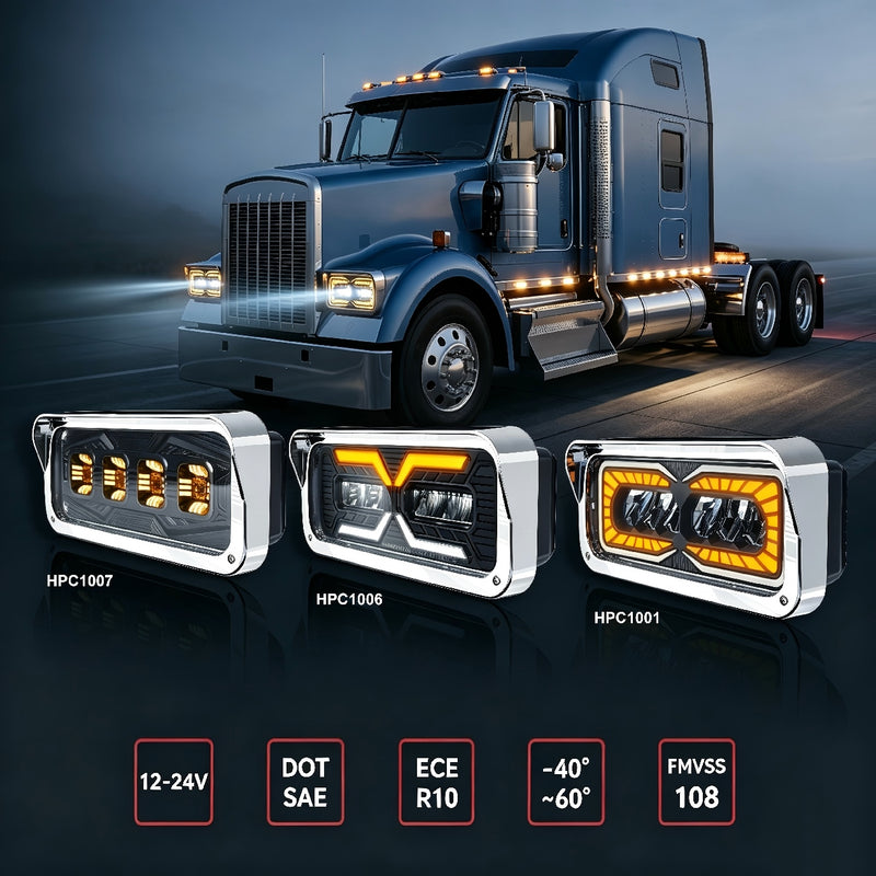 Load image into Gallery viewer, HPC1007 LED Headlight Assembly White Halo &amp; Amber Signal, Compatible with PETERBILT 379 378 365 357/KENWORTH W900 T800 T600/Freightliner Classic/Western Star6900 4900 4800，4x6 LED Replacement
